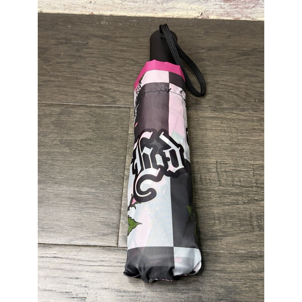Ed Hardy Umbrella Checkerboard Print Skull Tattoo Rose Art Auto Open/Close NWT